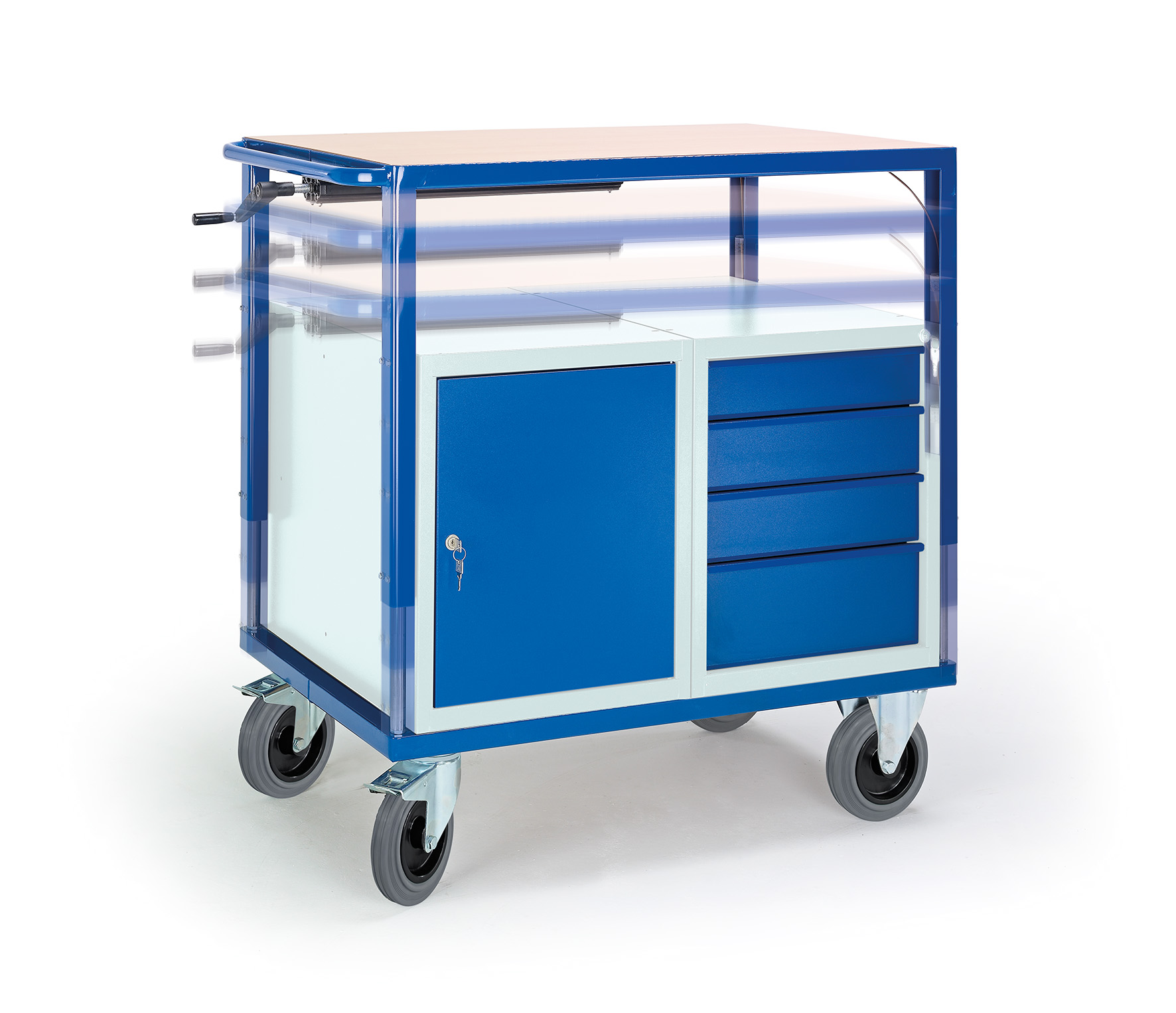 Höhenverstellbarer Tischwagen m. Stahl-/Schubladenschrank - obere Position